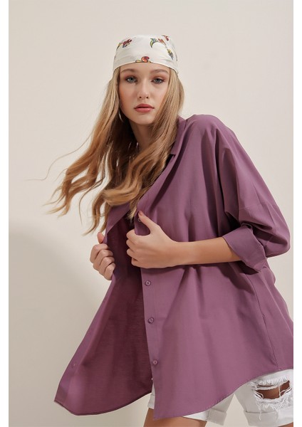 3900 Oversize Uzun Basic Gömlek - Koyu Lila