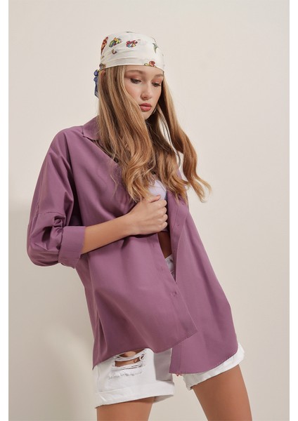 3900 Oversize Uzun Basic Gömlek - Koyu Lila
