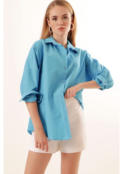 3900 Oversize Uzun Basic Gömlek - Koyu Mavi