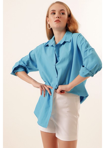 3900 Oversize Uzun Basic Gömlek - Koyu Mavi