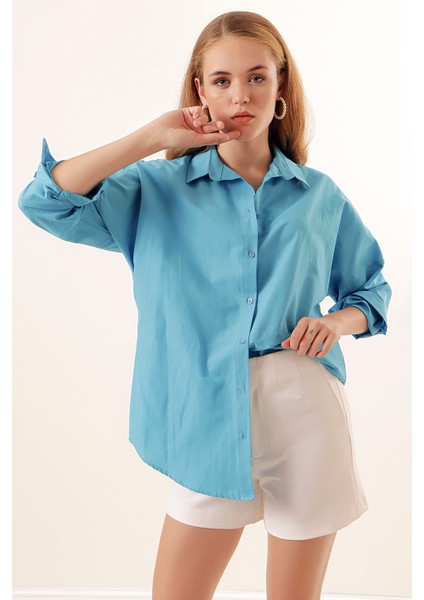 3900 Oversize Uzun Basic Gömlek - Koyu Mavi