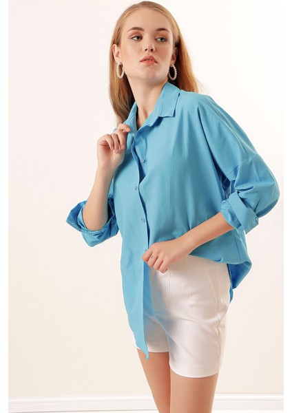 3900 Oversize Uzun Basic Gömlek - Koyu Mavi