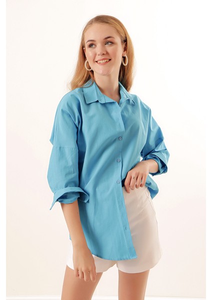 3900 Oversize Uzun Basic Gömlek - Koyu Mavi