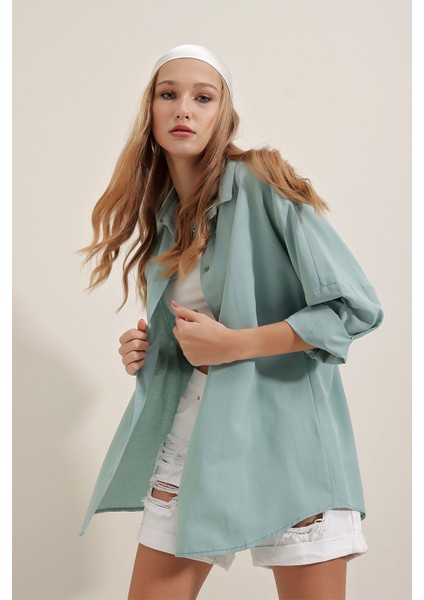 3900 Oversize Uzun Basic Gömlek - Su Yeşili