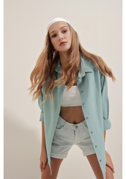 3900 Oversize Uzun Basic Gömlek - Su Yeşili