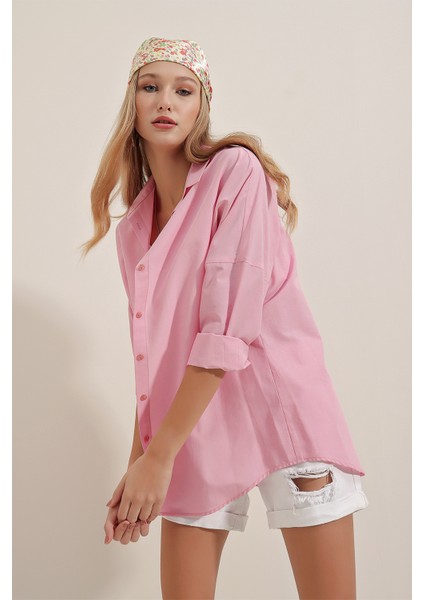 3900 Oversize Uzun Basic Gömlek - Pembe