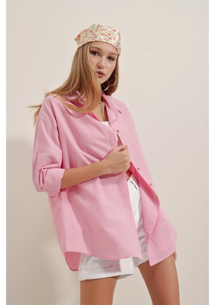 3900 Oversize Uzun Basic Gömlek - Pembe