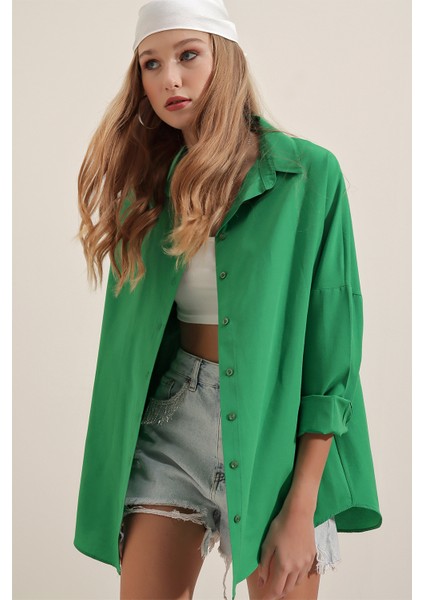 3900 Oversize Uzun Basic Gömlek - Yeşil
