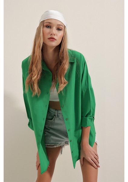 3900 Oversize Uzun Basic Gömlek - Yeşil indirimleri