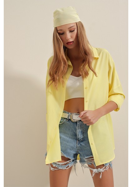 3900 Oversize Uzun Basic Gömlek - Sarı