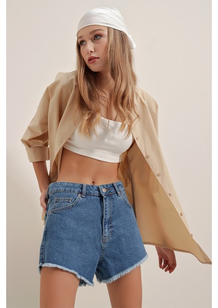 3900 Oversize Uzun Basic Gömlek - Bej