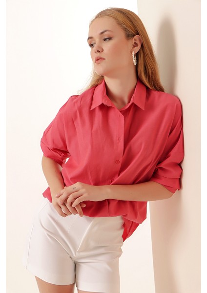 3900 Oversize Uzun Basic Gömlek - Nar