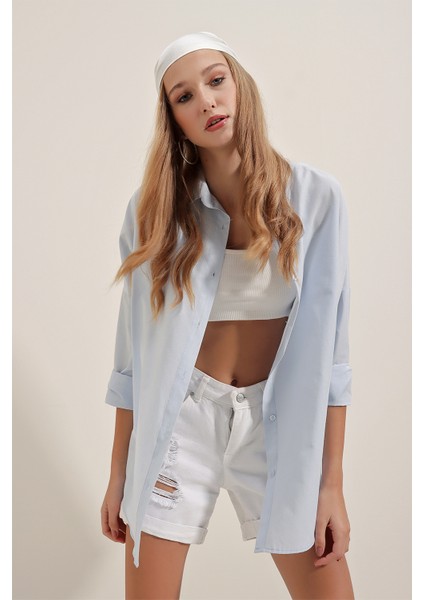 3900 Oversize Uzun Basic Gömlek - Açık Mavi
