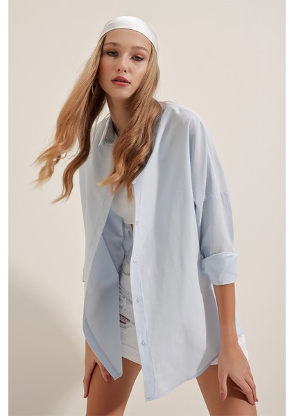 3900 Oversize Uzun Basic Gömlek - Açık Mavi