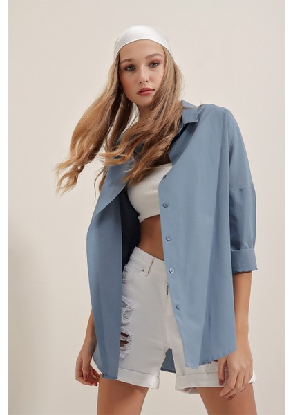 3900 Oversize Uzun Basic Gömlek - Indigo