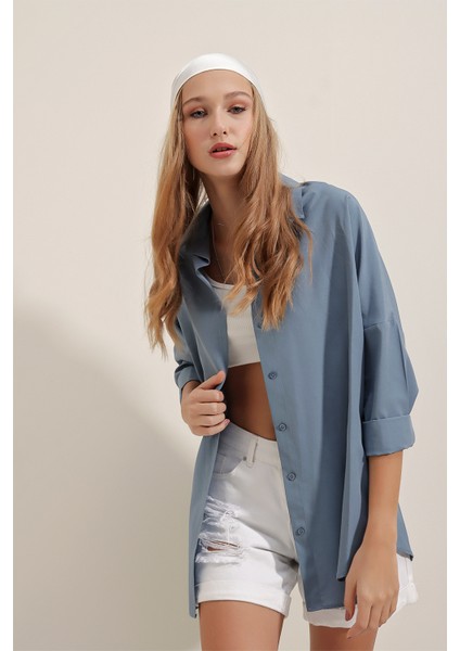 3900 Oversize Uzun Basic Gömlek - Indigo