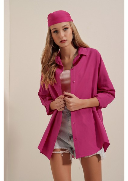 3900 Oversize Uzun Basic Gömlek - Koyu Pembe
