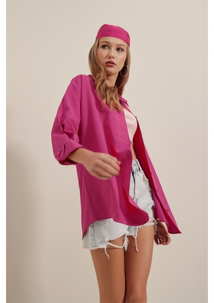 3900 Oversize Uzun Basic Gömlek - Koyu Pembe