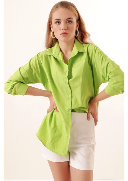 3900 Oversize Uzun Basic Gömlek - G.yeşil
