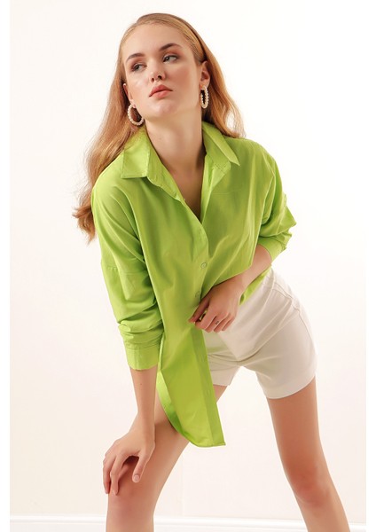 3900 Oversize Uzun Basic Gömlek - G.yeşil