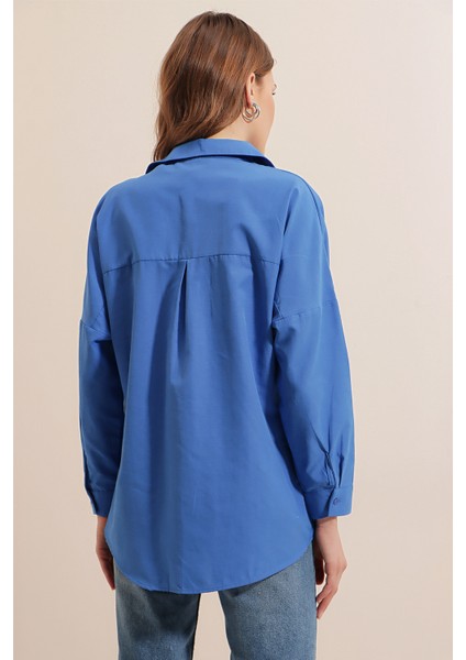 3900 Oversize Uzun Basic Gömlek - B.mavi