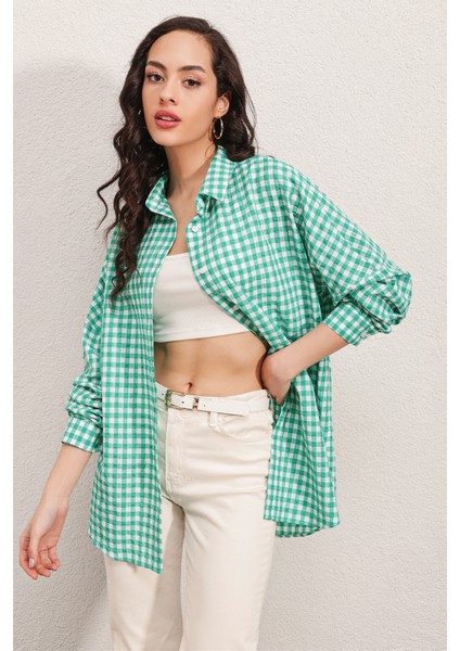 3900 Oversize Kareli Gömlek - Y.yeşil