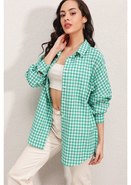 3900 Oversize Kareli Gömlek - Y.yeşil