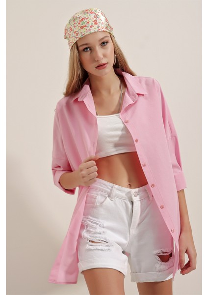 3900 Oversize Uzun Basic Gömlek - Pembe