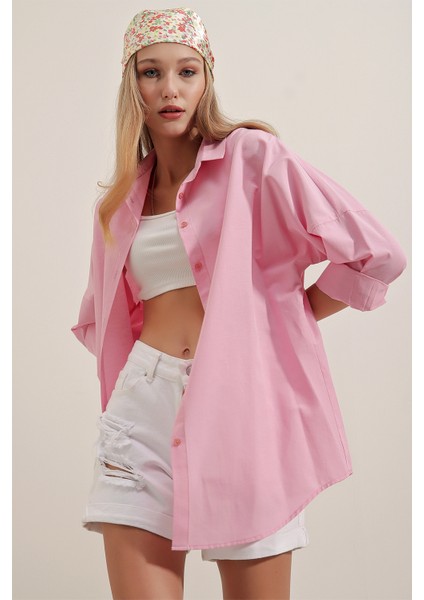 3900 Oversize Uzun Basic Gömlek - Pembe