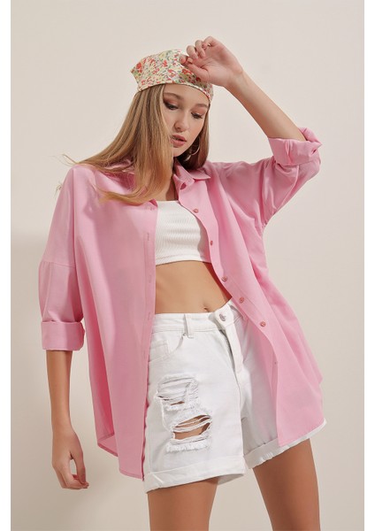 3900 Oversize Uzun Basic Gömlek - Pembe