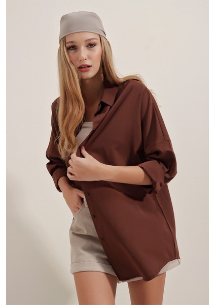 3900 Oversize Uzun Basic Gömlek - Kahverengi