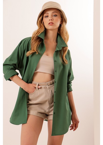 3900 Oversize Uzun Basic Gömlek - Zümrüt Yeşili