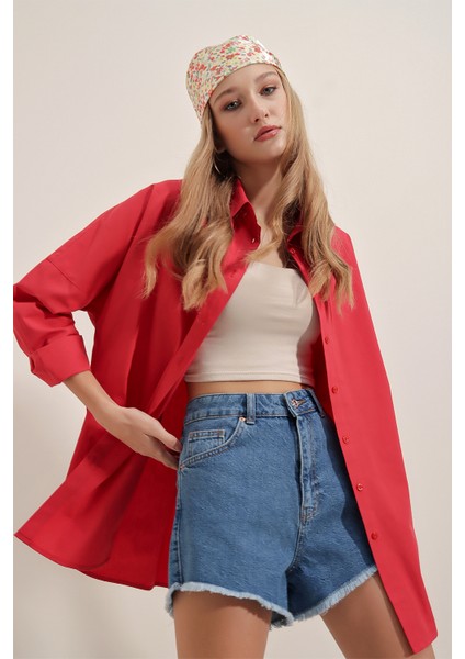 3900 Oversize Uzun Basic Gömlek - Kırmızı