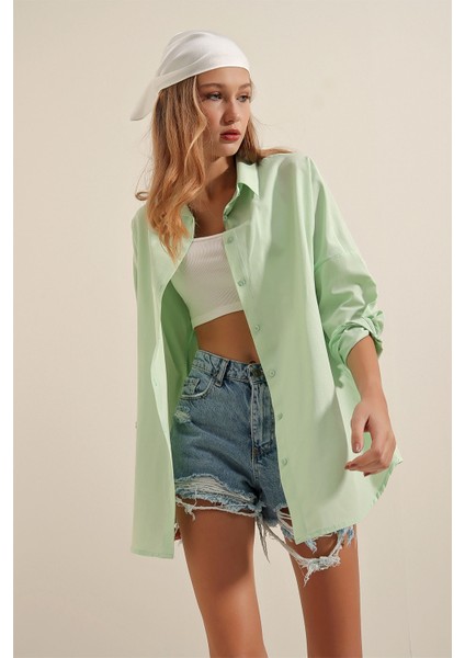 3900 Oversize Uzun Basic Gömlek - E.yeşil
