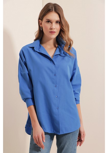3900 Oversize Uzun Basic Gömlek - B.mavi