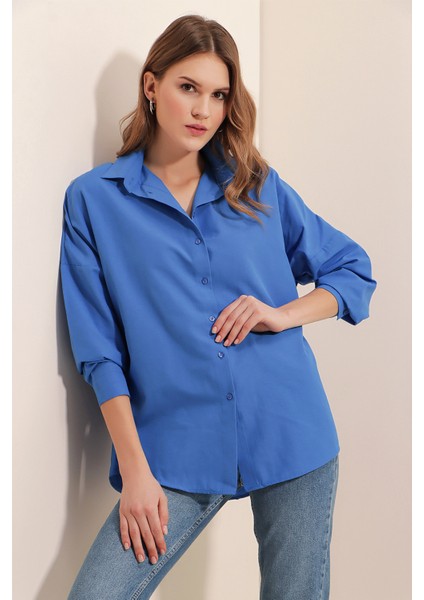 3900 Oversize Uzun Basic Gömlek - B.mavi