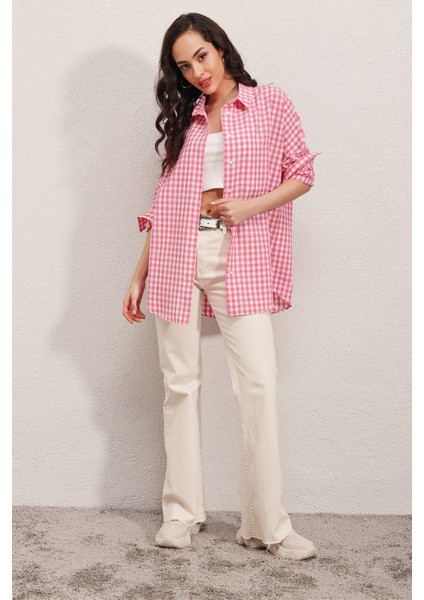 3900 Oversize Kareli Gömlek - Y.pembe