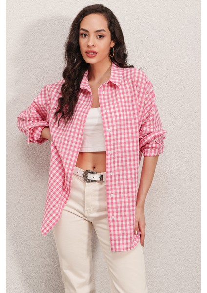 3900 Oversize Kareli Gömlek - Y.pembe