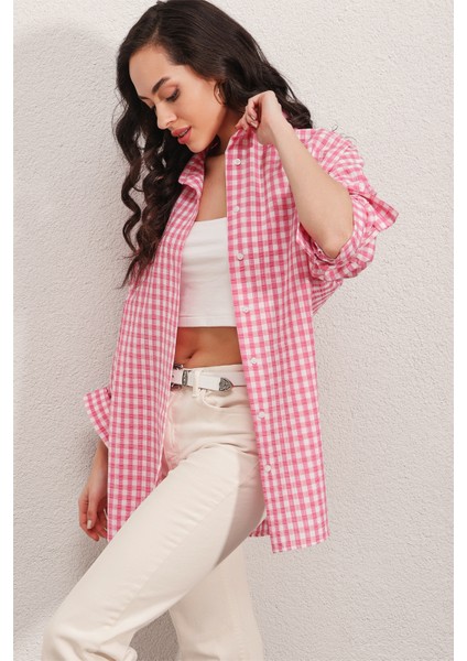 3900 Oversize Kareli Gömlek - Y.pembe