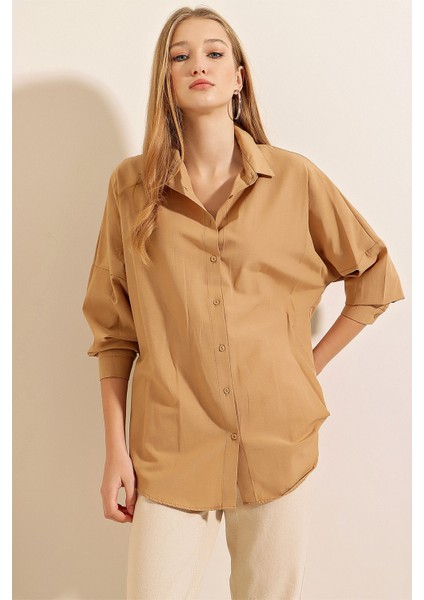 3900 Oversize Uzun Basic Gömlek - Bisküvi