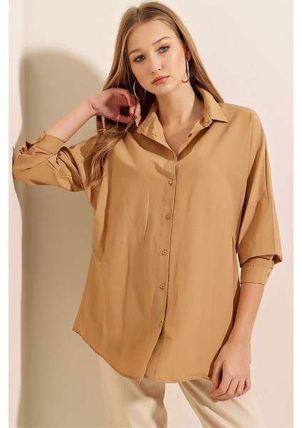 3900 Oversize Uzun Basic Gömlek - Bisküvi