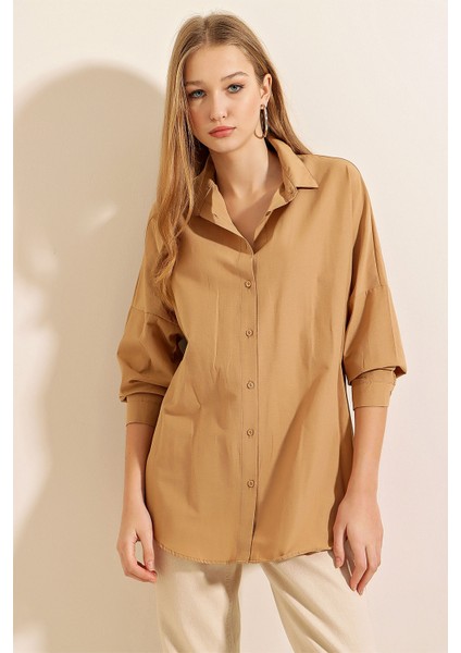 3900 Oversize Uzun Basic Gömlek - Bisküvi