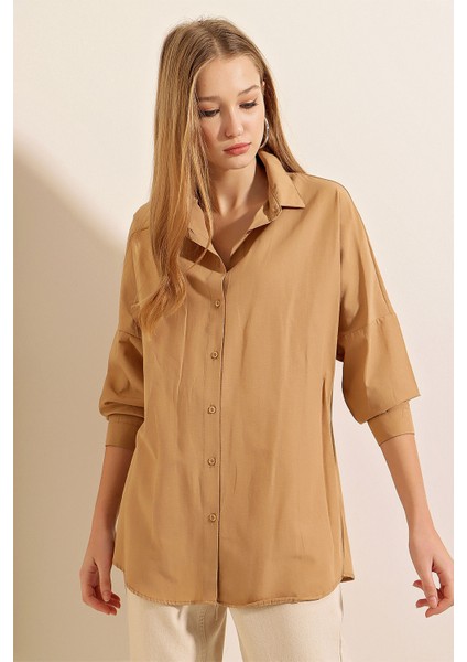 3900 Oversize Uzun Basic Gömlek - Bisküvi