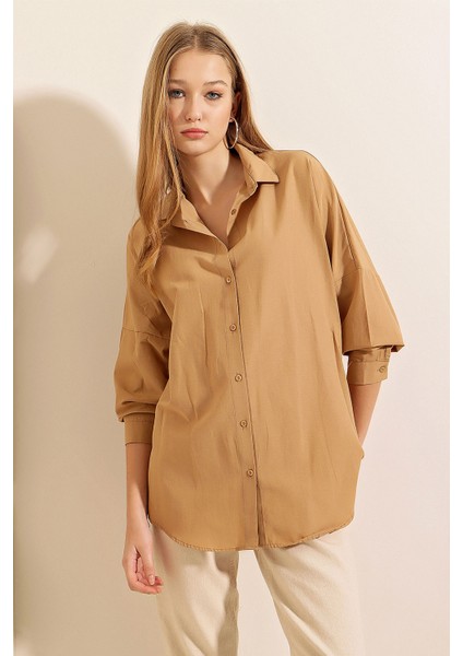 3900 Oversize Uzun Basic Gömlek - Bisküvi