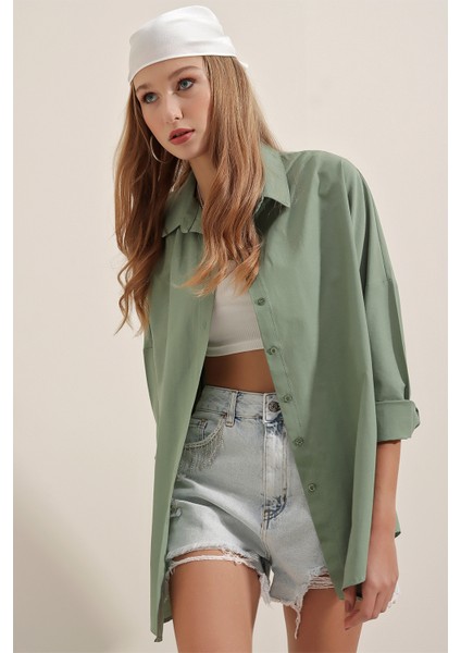 3900 Oversize Uzun Basic Gömlek - A.haki modelleri