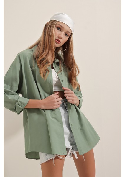 3900 Oversize Uzun Basic Gömlek - A.haki indirimleri