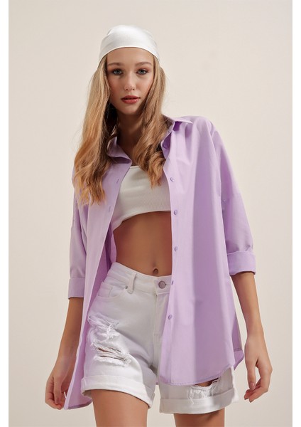 3900 Oversize Uzun Basic Gömlek - Lila