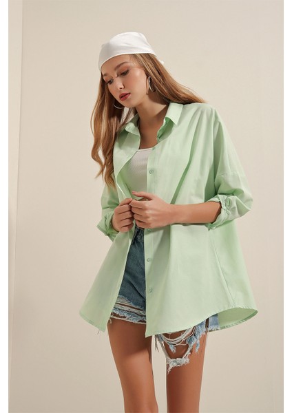 3900 Oversize Uzun Basic Gömlek - E.yeşil