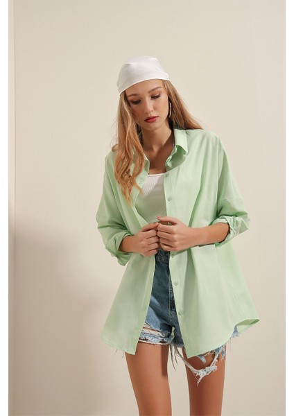 3900 Oversize Uzun Basic Gömlek - E.yeşil