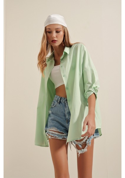 3900 Oversize Uzun Basic Gömlek - E.yeşil